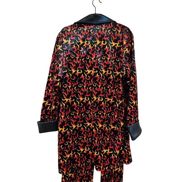 Velour Flame Patterned Two-Piece Suit With Faux Leather Lapel & Cuffs Mens L - Picture 4 of 5